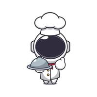 mignonne chef astronaute mascotte dessin animé personnage avec plat. vecteur