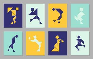 affiches géométriques avec 8 personnes tangram dans différentes poses. conception de couverture de formes géométriques. puzzle pour les enfants. illustration vectorielle. vecteur