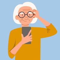 un personnes âgées femme avec des lunettes regards à sa téléphone intelligent. vecteur