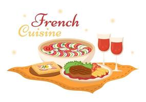 restaurant de cuisine française avec divers plats traditionnels ou nationaux de france sur illustration de modèles dessinés à la main de dessin animé de style plat vecteur