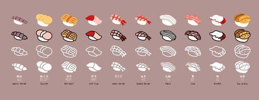jeu d'icônes vectorielles sushi. quatre styles. vecteur
