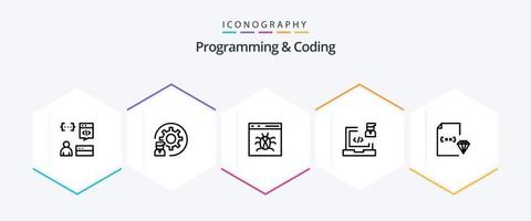 programmation et codage 25 ligne icône pack comprenant développement. codage. processus. développement. punaise vecteur