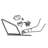 doodle dessiné à la main shopping en ligne avec illustration d'ordinateur portable vecteur