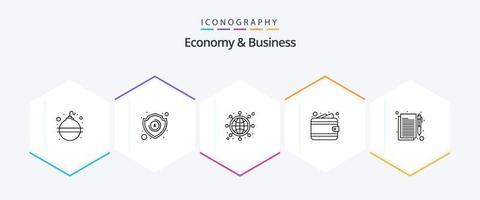 économie et affaires 25 ligne icône pack comprenant document. réseau. portefeuille. en espèces vecteur