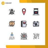 mobile interface ligne remplie plat Couleur ensemble de 9 pictogrammes de journée calendrier été ouvert livre signet modifiable vecteur conception éléments