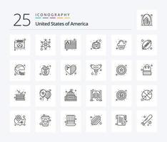 Etats-Unis 25 ligne icône pack comprenant fête. faire la fête. pays. gâteau. citrouille vecteur