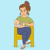 Jolie femme tenant un bébé nouveau-né dans ses bras et le nourrit d'une bouteille de lait vecteur