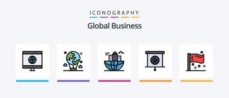 global affaires ligne rempli 5 icône pack comprenant planifier. international. sac. mondial. bagage. Créatif Icônes conception vecteur