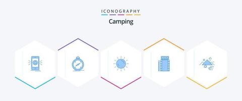 camping 25 bleu icône pack comprenant Feu. allumettes. GPS. été. le coucher du soleil vecteur