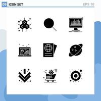 mobile interface solide glyphe ensemble de 9 pictogrammes de passeport recherche tableau de bord Les données analytique modifiable vecteur conception éléments