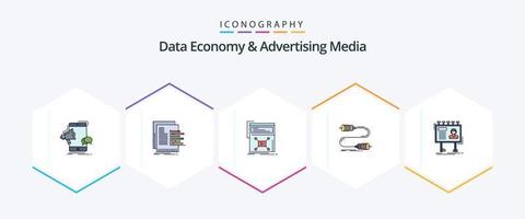 Les données économie et La publicité médias 25 ligne remplie icône pack comprenant interaction. bourdonner. rapports. site Internet. vidéo vecteur