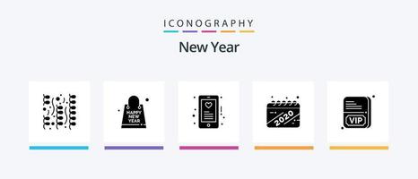 Nouveau année glyphe 5 icône pack comprenant carte. an. an. date. mobile. Créatif Icônes conception vecteur