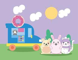 Adorables petits animaux sur le terrain avec camion donut, personnages kawaii vecteur