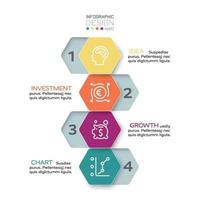 La conception hexagonale est appliquée aux affaires, au marketing et aux présentations avec 4 étapes de travail. conception infographique de vecteur. vecteur