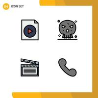 mobile interface ligne remplie plat Couleur ensemble de 4 pictogrammes de document vidéo des os crâne appel modifiable vecteur conception éléments