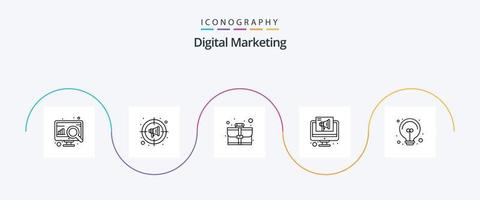 numérique commercialisation ligne 5 icône pack comprenant idée. mégaphone. entreprise. moniteur. commercial vecteur