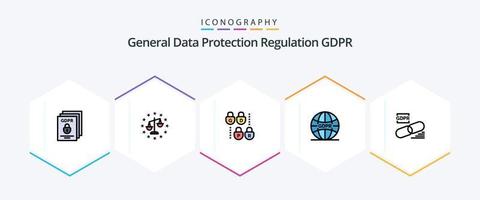 GDPR 25 ligne remplie icône pack comprenant pibr. réseau. loi. l'Internet. GDPR vecteur