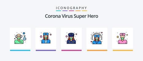 couronne virus super héros ligne rempli 5 icône pack comprenant avatar. médecin. se soucier. infirmière. Masculin. Créatif Icônes conception vecteur