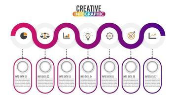 Le vecteur de conception infographique en 7 parties et les icônes de marketing peuvent être utilisés pour la mise en page du flux de travail, le diagramme, le rapport, la conception Web. concept d'entreprise avec des options, des étapes ou des processus.