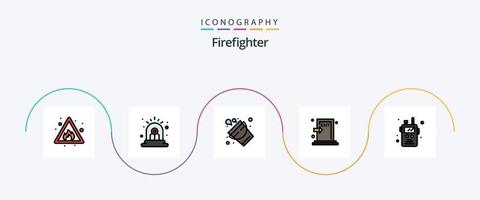 sapeur pompier ligne rempli plat 5 icône pack comprenant police radio. Feu. seau. évacuer. urgence vecteur