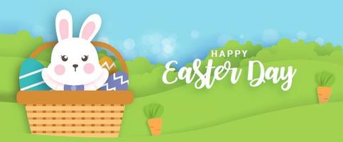 fond de jour de Pâques et bannière avec des lapins mignons et des oeufs de Pâques. vecteur