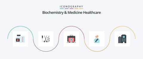 biochimie et médicament soins de santé plat 5 icône pack comprenant fou . hôpital. Sac à main. blessé. patient vecteur