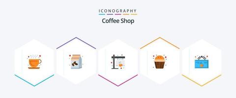 café magasin 25 plat icône pack comprenant café. boire. étiqueter. muffin doux. tasse vecteur