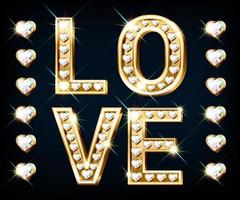 bannière avec le mot amour. lettres en or en forme de cœur avec diamants étincelants