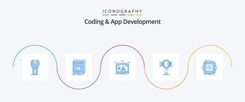 codage et app développement bleu 5 icône pack comprenant information. analyse. déposer. conception. utilisateur vecteur