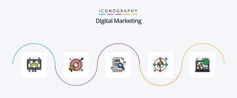 numérique commercialisation ligne rempli plat 5 icône pack comprenant contenu. publicité. analyse. commercialisation. augmenter vecteur