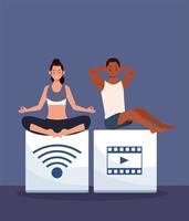 couple interracial pratiquant des exercices en ligne et du yoga pour la quarantaine vecteur