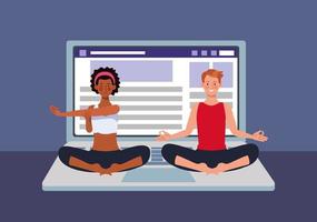 couple pratiquant le yoga en ligne pour la quarantaine vecteur