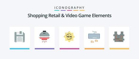 faire du shopping vente au détail et vidéo Jeu éléments plat 5 icône pack comprenant sécurité. veste. produit. dactylographie. interface. Créatif Icônes conception vecteur