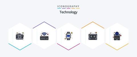 La technologie 25 ligne remplie icône pack comprenant l'Internet. mondial. enveloppe. enregistrer. l'audio cassette vecteur