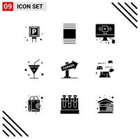 ensemble de 9 commercial solide glyphes pack pour signe direction Youtube Canada boisson modifiable vecteur conception éléments