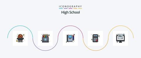 haute école ligne rempli plat 5 icône pack comprenant examen. mathématiques. livre. calculatrice. écrire vecteur