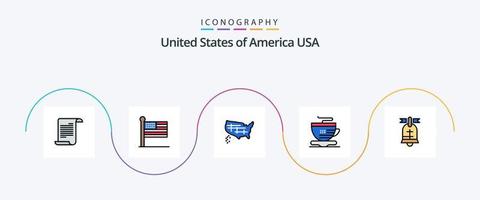 Etats-Unis ligne rempli plat 5 icône pack comprenant Américain. balle. carte. café. thé vecteur