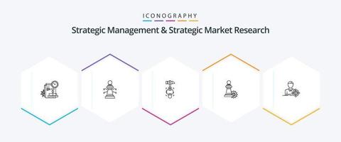 stratégique la gestion et stratégique marché recherche 25 ligne icône pack comprenant se concentrer. succès. marteau. stratégie. échecs vecteur