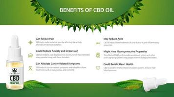 utilisations médicales de l'huile de CBD, avantages de l'utilisation de l'huile de CBD. bannière verte et blanche avec bouteille en verre d'huile de CBD, feuille de chanvre et pipette. vecteur