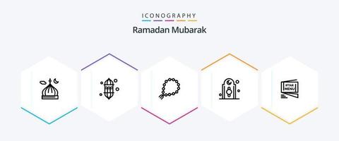 Ramadan 25 ligne icône pack comprenant Islam. décoration. lampe. musulman. prier vecteur