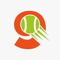 concept de logo de tennis lettre 9 avec icône de balle de tennis en mouvement. modèle vectoriel de symbole de logo de sport de tennis