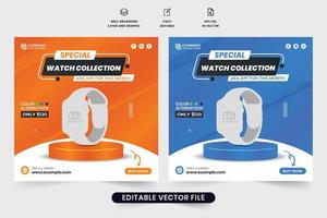 montre-bracelet vente modèle pour social médias commercialisation avec Orange et bleu couleurs. montre intelligente vente affaires promotionnel modèle vecteur avec photo espaces réservés. moderne regarder publicité affiche conception.