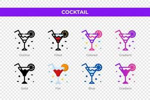 icônes de cocktail dans un style différent. jeu d'icônes de cocktails. symbole de vacances. jeu d'icônes de style différent. illustration vectorielle vecteur