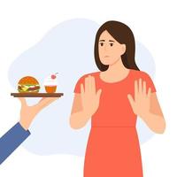 ta femme refuser vite nourriture et sucré dessert. fille montrant Arrêtez main signe pour malsain, gras, Hautement calorifique repas. suivre un régime et en bonne santé mode de vie. vecteur illustration