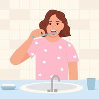 femme brosses langue avec une brosse à dents. souriant bouche avec langue et en bonne santé dents. oral hygiène et dentaire procédures concept. mignonne vecteur illustration dans plat