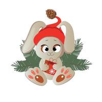 mignonne dessin animé lapin dans une Père Noël chapeau est assis suivant à une cadeau et une Noël arbre. hiver illustration avec animal isolé sur blanc Contexte. vecteur