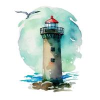 aquarelle phare illustration. isolé phare et mouettes sur blanc Contexte. main tiré ouvrages d'art. vecteur