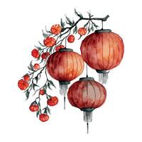 conception de cartes vectorielles festives du nouvel an chinois sur fond aquarelle lanternes rouges chinoises vecteur