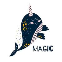 narval texte la magie. mignonne narval baleine. marrant des gamins Licorne baleine dessin pour des gamins mur art. kawaii mer graphique élément. mer animal pour impression conception, affiches. vecteur dessin animé personnage illustration.