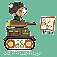 mignonne ours dans soldat uniforme conduite blindé véhicule, vecteur dessin animé illustration